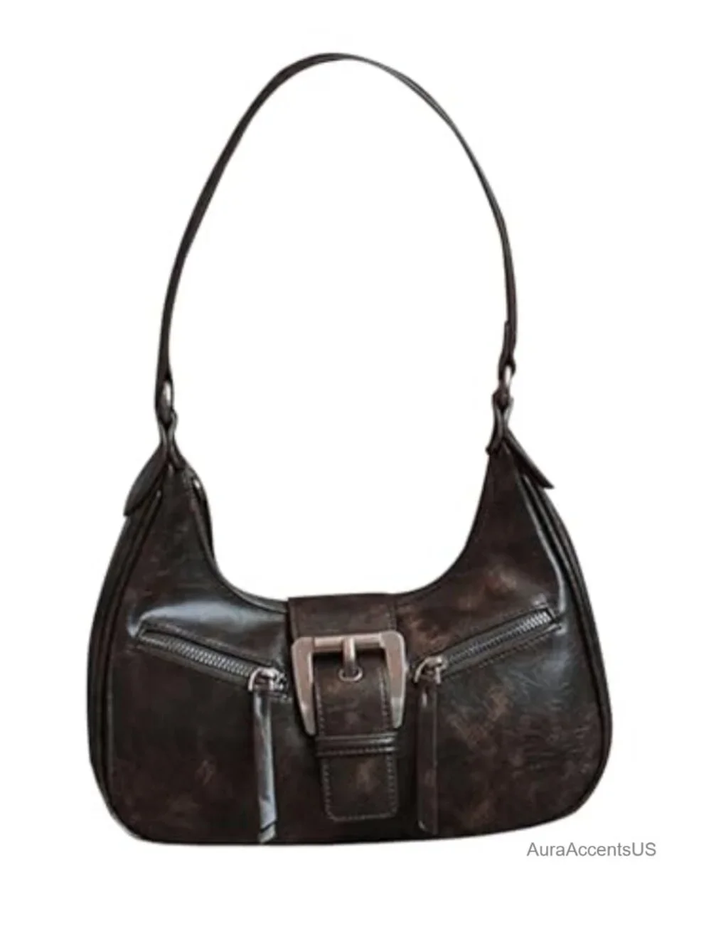 Women's Faux Leather Hobo Shoulder Bag with Top Zipper and Buckle | Handbag